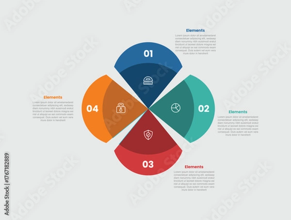 Fototapeta 4 elements infographic comparison diagram with flowers petals shape with shadow center and round edge with 4 step for slide presentation