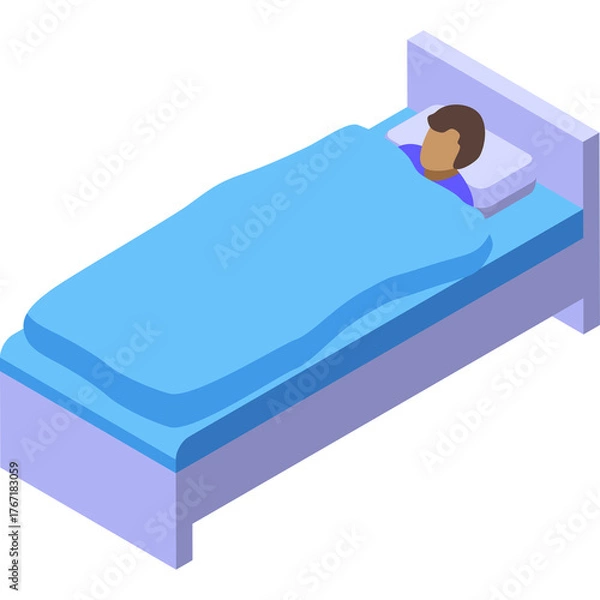 Obraz Person Sleeping Comfortably Under a Blue Blanket on a Bed with White Pillow and Lilac Frame in Soft Light