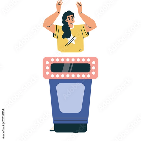 Obraz Person Standing at Game Show Podium Raising Hands in Excitement With Yellow Shirt and Dark Hair