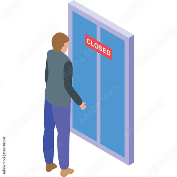 Obraz Person standing in front of closed blue glass doors with red closed sign illuminated