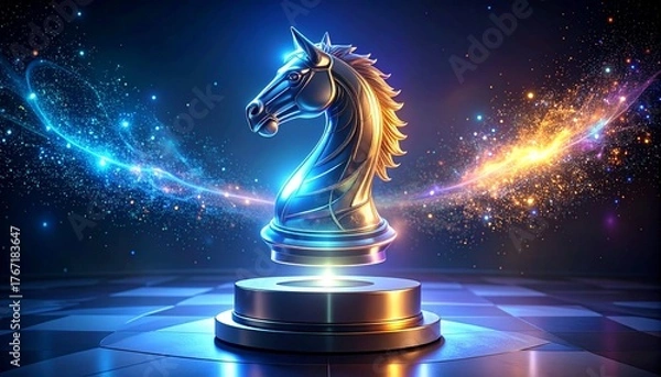 Fototapeta Luminous Chess Knight Hologram on a Neon Strategic Board with Cosmic Light Trails