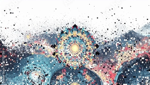 Fototapeta Vibrant Abstract Digital Mandala Art with Glowing Particles and Intricate Geometric Patterns, a Modern Decorative Background