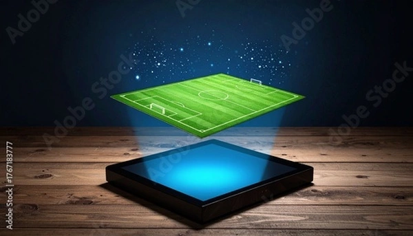 Fototapeta Dynamic holographic soccer field emerging from a tablet, envisioning future sports technology