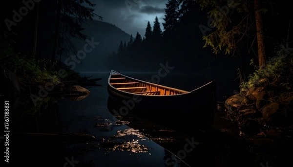 Fototapeta Ethereal Night Paddle Lone Canoe on a Mystical Lake Under Moonlight
