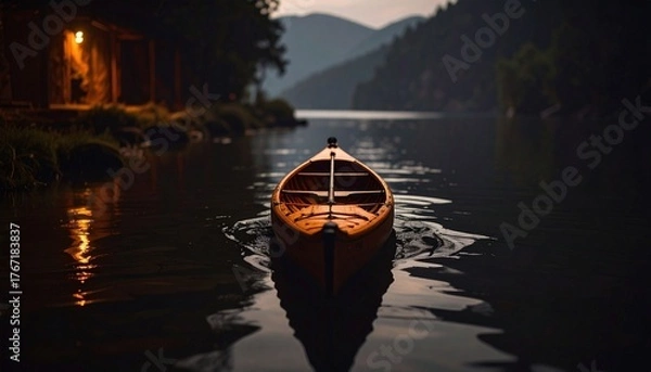 Fototapeta Quiet Reflection A Serene Evening Paddle on a Calm Lake by a Lit Cabin and Mountains