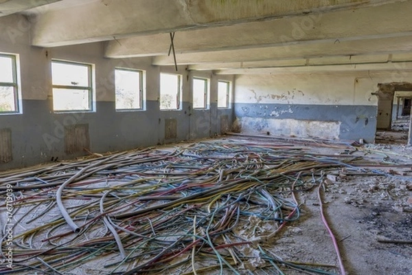 Obraz Abandoned factory industrial interior. Inside the ruins of an old factory  in Romania of a Communist Era. Step inside of abandoned old factory in eastern Europe.