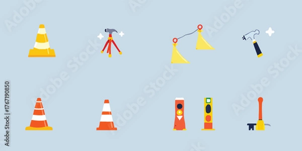 Fototapeta Illustration of construction tools cones hammers flags and more