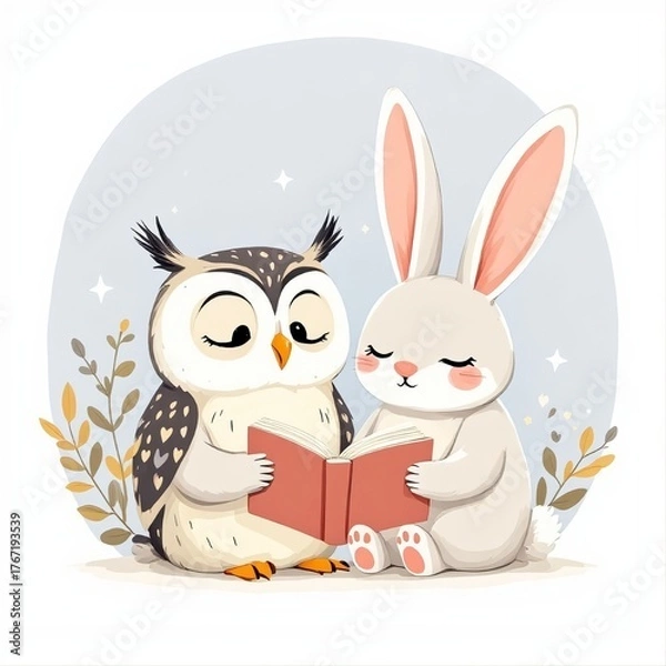 Fototapeta Owl and Rabbit Reading Together