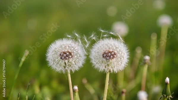 Fototapeta "Ephemeral Connection": A magical realism image showing two dandelion seed heads (puffy white) side-by-side in a gentle breeze. 