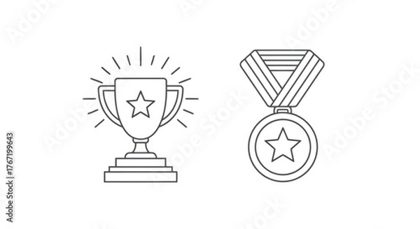 Obraz Vector illustration of line art illustration of a trophy and a medal with a star, representing success, achievement, and recognition