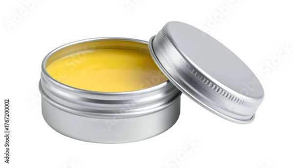 Obraz Open silver tin filled with yellow salve; lid to side, against dark backdrop