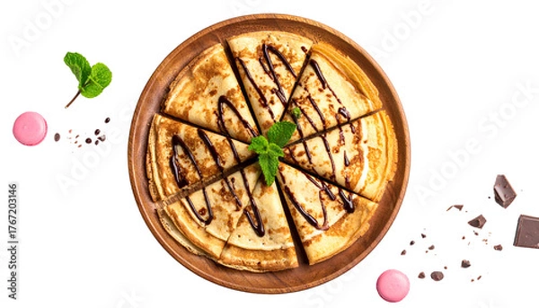 Fototapeta Overhead view of sliced crepes drizzled with chocolate, mint sprig, macarons, and chocolate bits