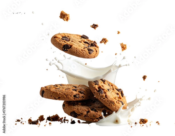 Obraz  Freshly Baked Cookies with Splashing Milk in Mid-Air, Realistic Style, isolated on transparent background. 