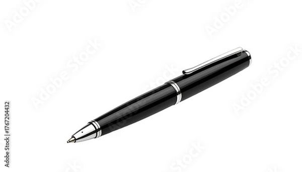 Fototapeta Sleek, black and silver ballpoint pen, angled against a stark black background