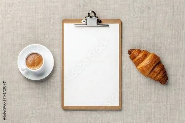 Fototapeta Clipboard with coffee and croissant blank paper breakfast