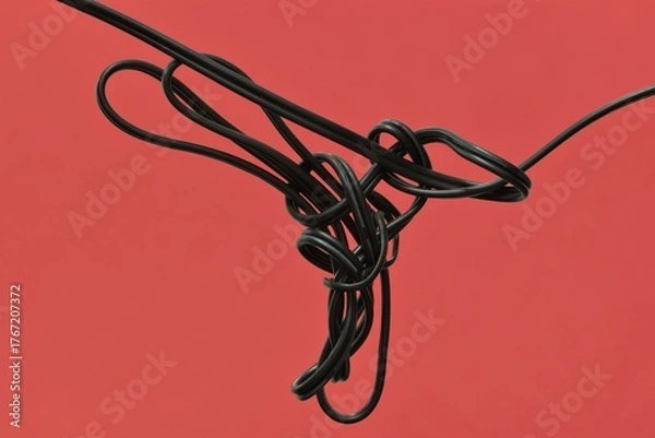 Fototapeta Tangled cord electrical cable on plain pink background conceptual image.