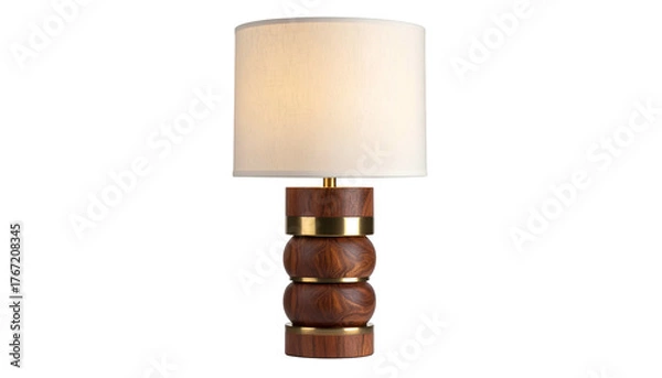 Fototapeta Stylish table lamp with a wooden base, gold accent, and a white lampshade, isolated on black