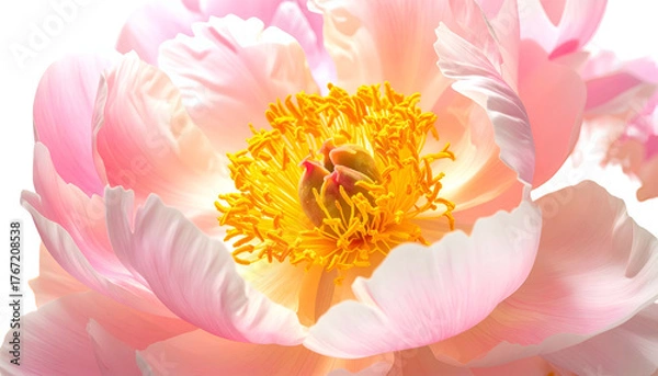 Fototapeta Close-up of a delicate, layered pink and yellow flower with soft lighting