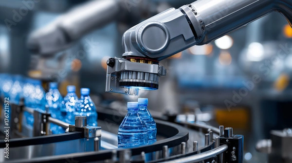 Fototapeta Advanced robotic arm handling water bottles on a high-speed automated production line in a modern beverage factory, symbolizing industrial automation and smart manufacturing.