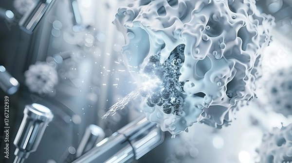 Fototapeta Close-up 3D render of a medical nanotechnology concept, showing a nanobot or laser precisely targeting and destroying a cancer cell. Ideal for oncology, immunotherapy, and futuristic scientific 