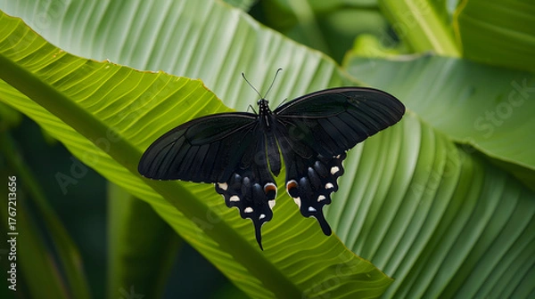 Obraz Black butterfly on green leaf