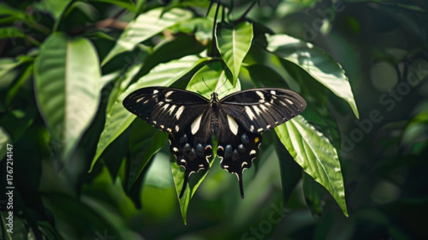 Obraz Butterfly perched on green leaf