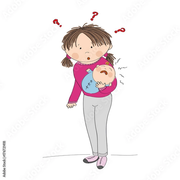 Obraz Puzzled young mother holding her crying baby boy. What to do? Why it is crying? Original hand drawn illustration.