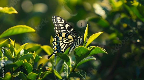 Obraz Butterfly perched on green leaf