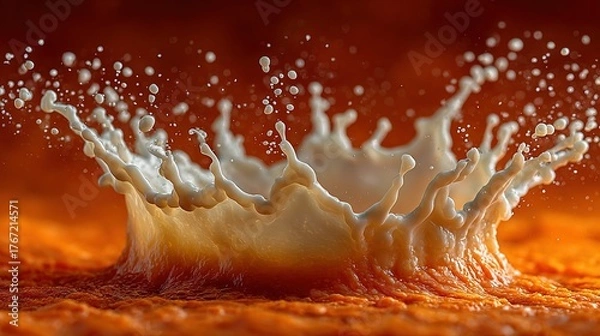 Obraz Liquid splash creating a crown shape against a blurred orange and red background.