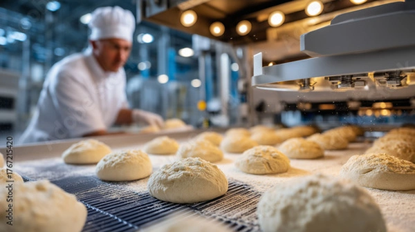 Fototapeta Skilled baker shaping fresh dough balls on a conveyor in an industrial bakery, surrounded by modern baking machines, representing precision, craftsmanship, and food production technology.