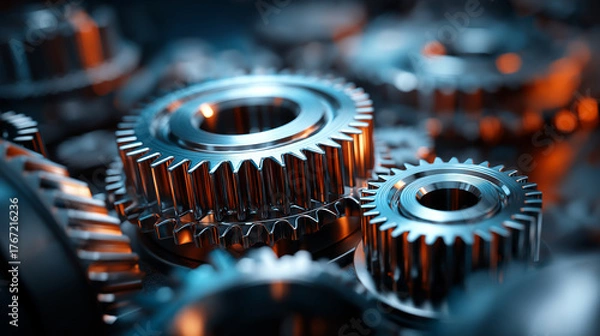 Fototapeta Detailed macro view of interlocking metal gears inside an industrial machine, symbolizing precision engineering, mechanical power, and advanced technology in modern manufacturing.