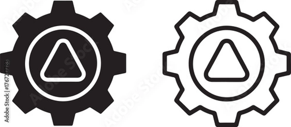 Obraz Vector art of two gears, one solid black and one outlined in black, each with a triangle inside a circle, icon on