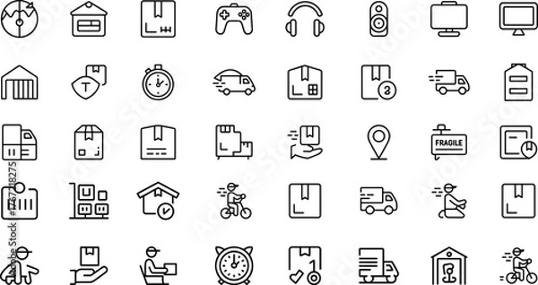 Obraz Delivery and Device Icons Outline Vector Illustration on a Transparent Backdrop
