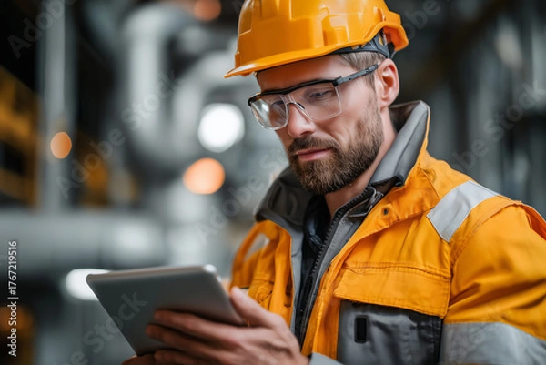 Fototapeta Focused male engineer wearing safety helmet and reflective jacket uses a digital tablet inside an industrial plant. Concept of smart manufacturing, maintenance, inspection, and modern engineering.