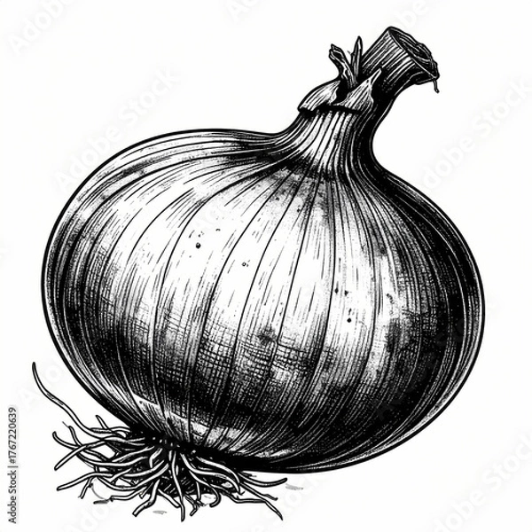 Fototapeta Detailed black ink engraving showcases a vintage onion with scratchboard texture, solo ingredient.