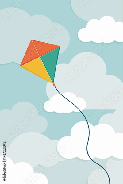 Fototapeta Vibrant Kite Soars Amidst Fluffy White Clouds in Blue Sky