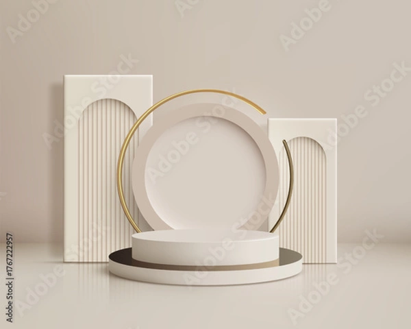 Fototapeta Minimal 3D Display Podium with Gold Accents and Geometric Backdrop for Product Mockup and Elegant Cosmetic Presentation Stage
