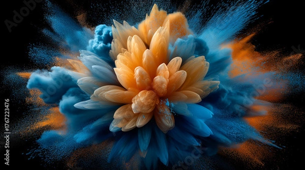 Fototapeta Dynamic abstract composition showing an explosion of blue and orange ink blending in midair on a black background. Modern art concept symbolizing creativity, energy, and fluid motion design.