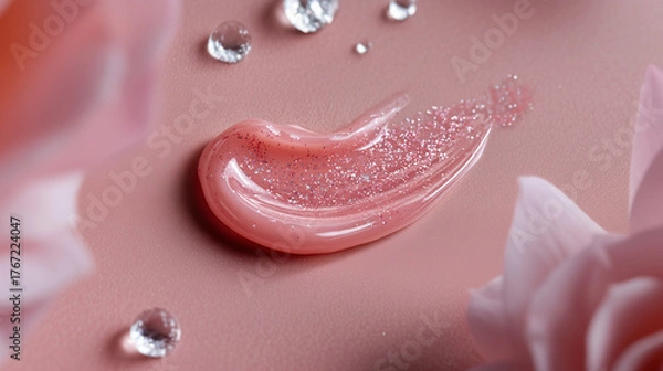Fototapeta Close-up of glossy pink lip gloss with shimmer, paired with a lipstick on a pastel background. Beauty and cosmetic concept highlighting color, texture, and shine for makeup and skincare advertising.