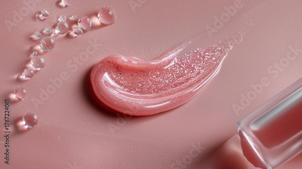 Fototapeta Close-up of glossy pink lip gloss with shimmer, paired with a lipstick on a pastel background. Beauty and cosmetic concept highlighting color, texture, and shine for makeup and skincare advertising.