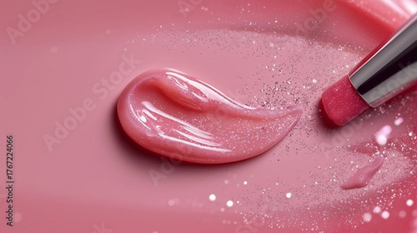Fototapeta Close-up of glossy pink lip gloss with shimmer, paired with a lipstick on a pastel background. Beauty and cosmetic concept highlighting color, texture, and shine for makeup and skincare advertising.