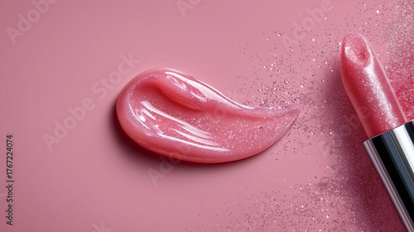 Fototapeta Close-up of glossy pink lip gloss with shimmer, paired with a lipstick on a pastel background. Beauty and cosmetic concept highlighting color, texture, and shine for makeup and skincare advertising.