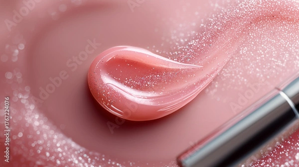 Fototapeta Close-up of glossy pink lip gloss with shimmer, paired with a lipstick on a pastel background. Beauty and cosmetic concept highlighting color, texture, and shine for makeup and skincare advertising.
