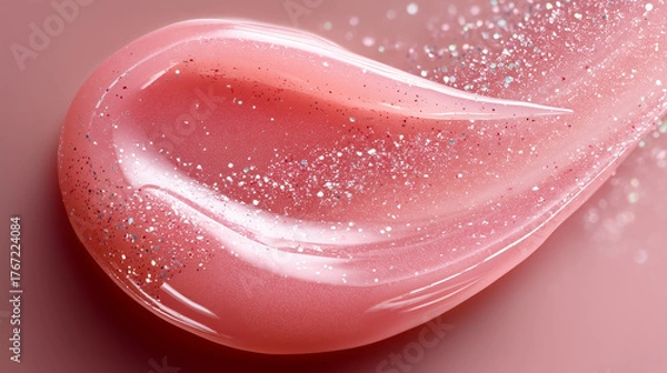 Fototapeta Close-up of glossy pink lip gloss with shimmer, paired with a lipstick on a pastel background. Beauty and cosmetic concept highlighting color, texture, and shine for makeup and skincare advertising.