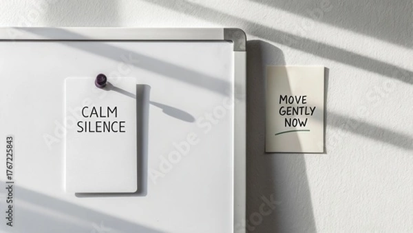 Fototapeta Minimalist motivational notes on white board for productivity and focus in a serene workspace environment