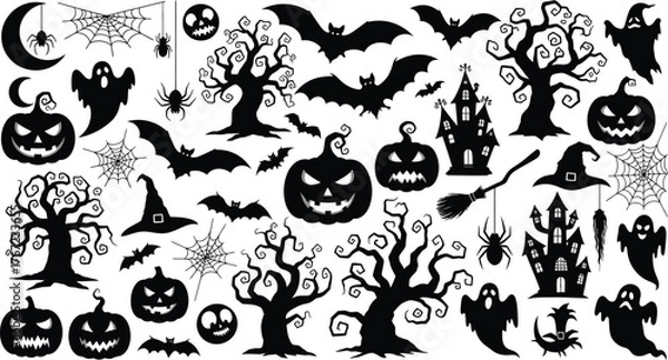 Fototapeta Big set of halloween silhouettes black icon and character. Design of witch, creepy and spooky elements for halloween decorations, sketch, icon, sticker.