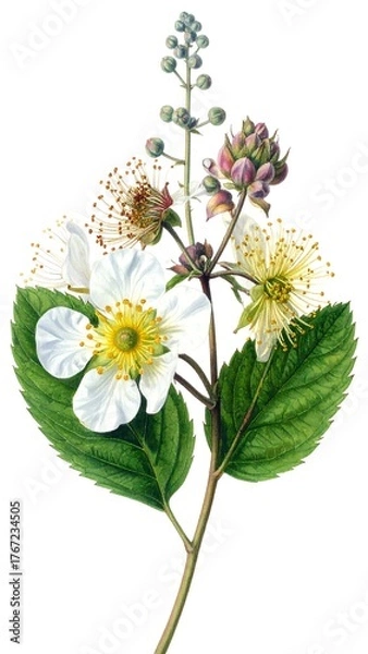 Obraz Close-up botanical illustration of white and yellow flowers, green leaves