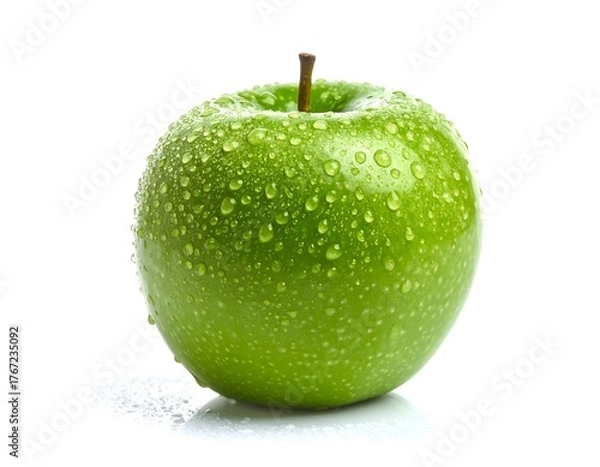 Fototapeta Close-up of a vibrant green apple covered in water droplets against white
