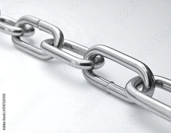 Obraz Close-up of shiny, metallic chain links on a white background