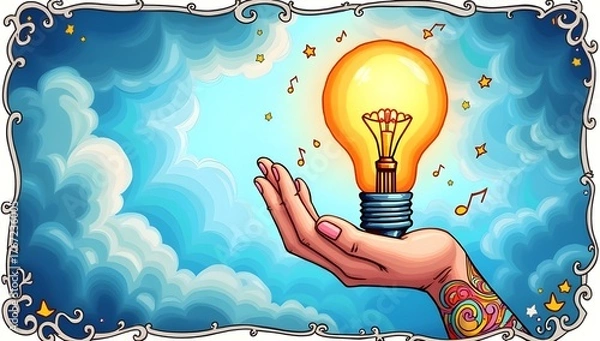 Obraz A hand with tattoo art holds a glowing lightbulb against a backdrop of clouds and musical notes. The bright colors create an imaginative and whimsical scene.